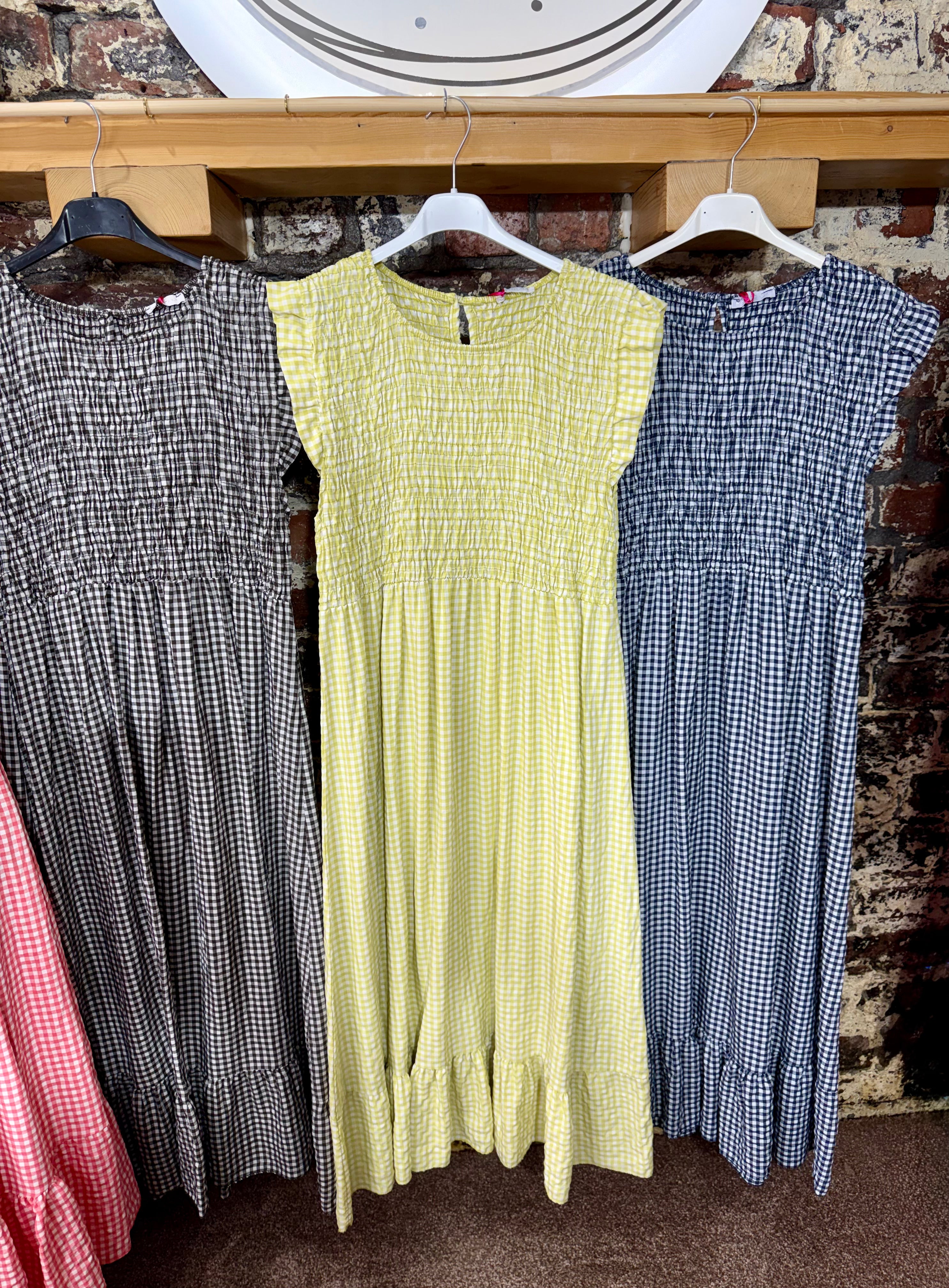 Super saver gingham dress with shirred bodice.