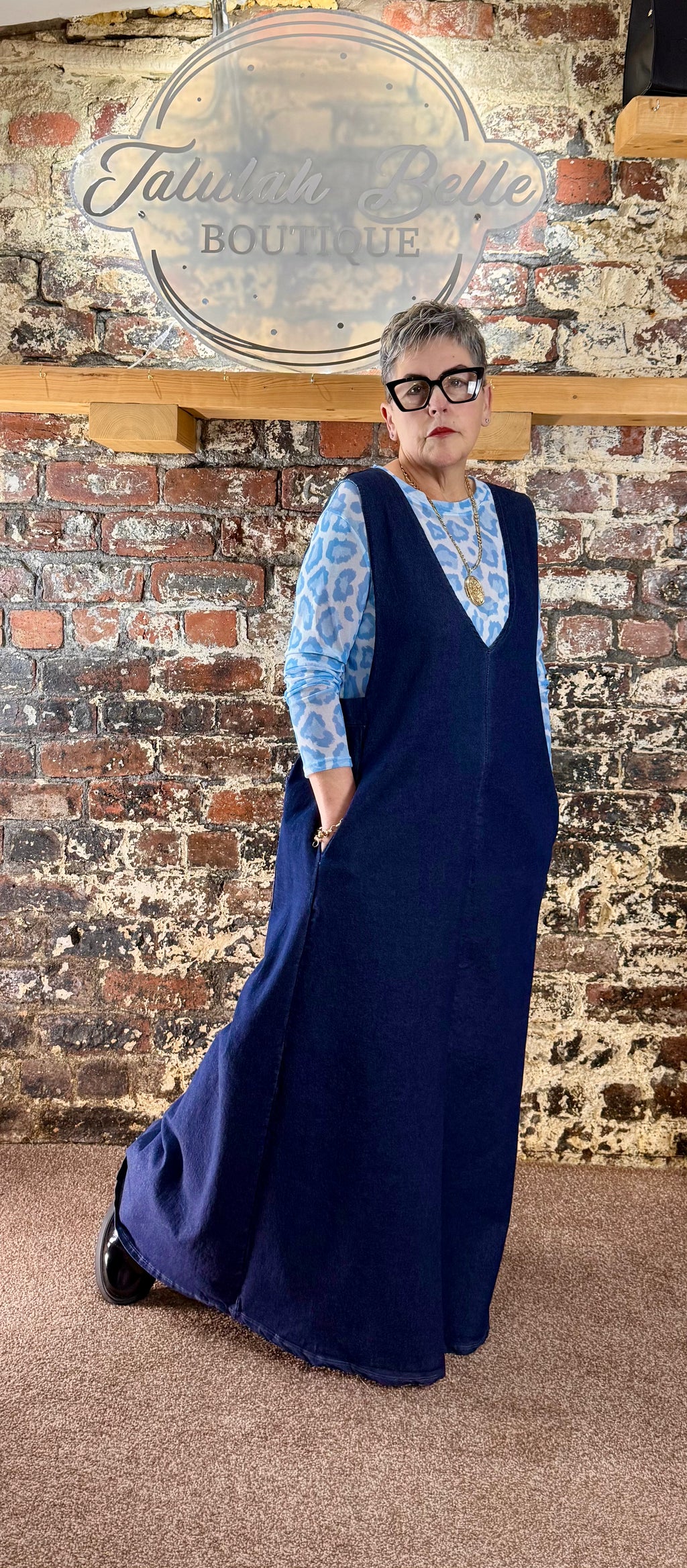 Chambray “denim” deep V front pinafore dress.