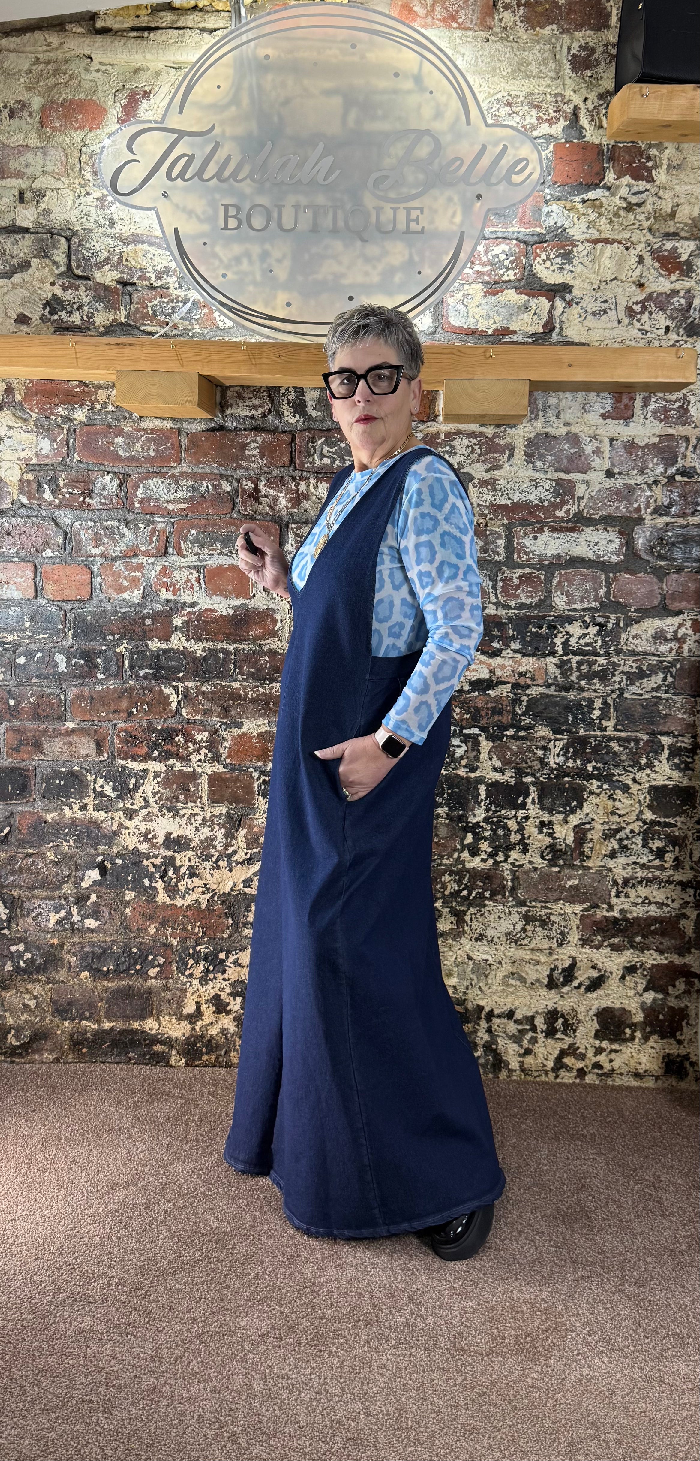 Chambray “denim” deep V front pinafore dress.