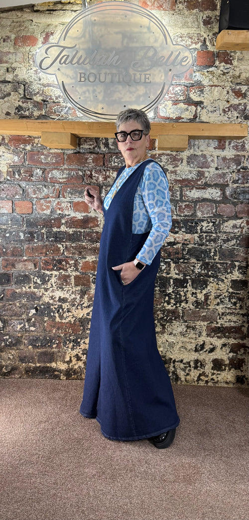 Chambray “denim” deep V front pinafore dress.