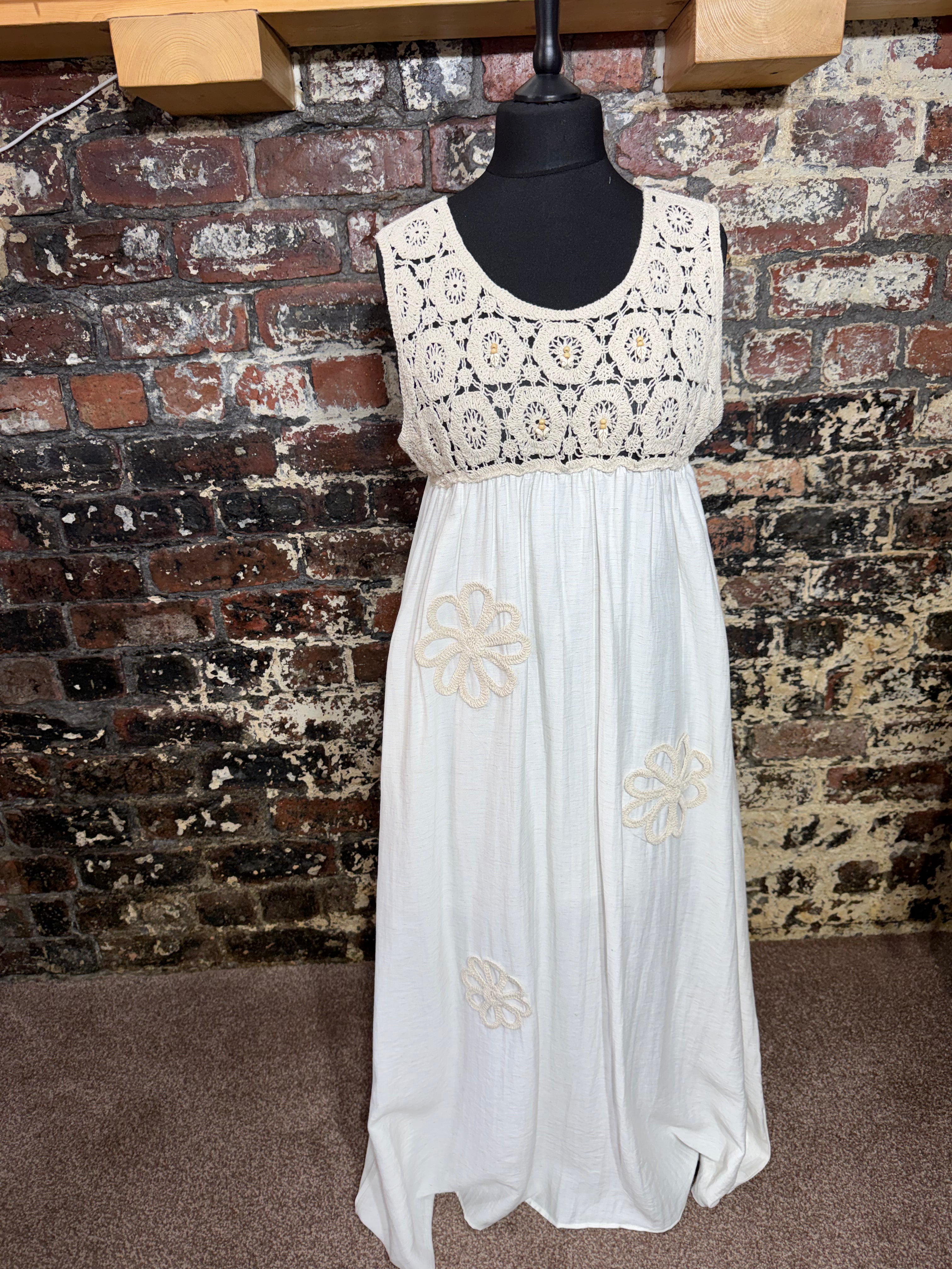 Linen blend dress with floral rope appliqués & crochet bust
